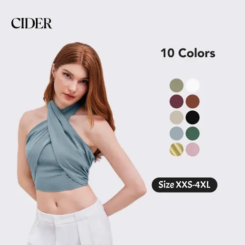 Cider Lady's Women's Sexy Halter Neck Basic Cropped Tank Top - Sleeveless Woven Solid, Crisscross Straps, Shirred Back, Medium Stretch Casual Top,sohochic