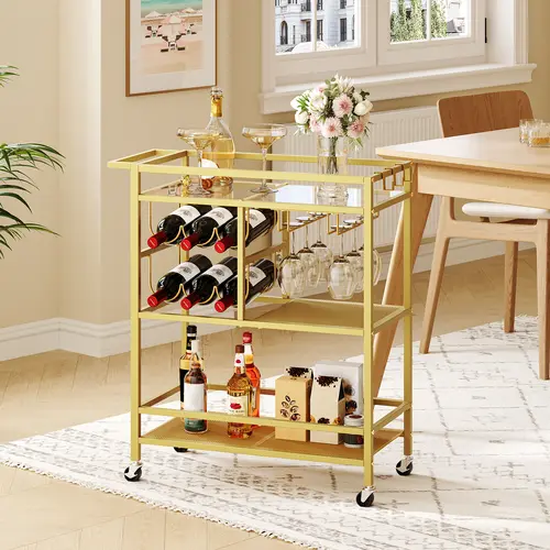 MAHANCRIS 3-Tier Bar Cart, Serving Cart with Wheels and Handle, Beverage Cart with Wine Rack and Glass Holders, Gold, Open Display Shelf Organizer Trolley #SummerVibes#DealsforYouDays #SummerGarden,dorm room inspo,college dorm essentials,dorm haul
