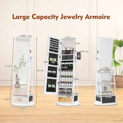 LHBCRAFT Touch Screen Full-length Mirror Cabinet, Mirror Jewelry Cabinet Standing, jewelry armoire, Mirror with Storage, Jewelry Organizer