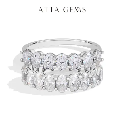 ATTAGEMS Women's 925 Sterling Silver 1.8CT Oval Cut D VVS1 Prong Set Synthetic Moissanite Half Eternity Band - Elegant Bridal Statement Unisex Luxury Artificial Gemstone Ring, Daily Wear Diamond Alternative Wedding Gift (R225, R338, summerwins)