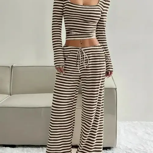 Women's Casual Striped Square Neck Long Sleeve Slim Fit Knit Top & High Waist Pants Set, Womenswear Fall Winter Fashion Outfit Fitted Knitted Set Clothes
