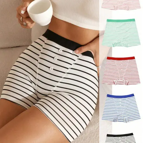 Women's Striped Print Boyshorts Panties, Comfortable Breathable Fabric, Plain Waistband, Casual Style, All Seasons, Fitted, Unlined