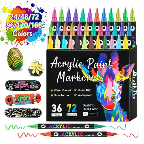 Acrylic Paint Markers Dual Tip Fine & Brush Nibs Non Toxic Waterproof Pigments for Rock Wood Canvas Glass Art Drawing Tools DIY Craft Supplies Gift Creative Tool for School Projects Classroom Activities School Essential Office Fun Brush Tip Color Marker
