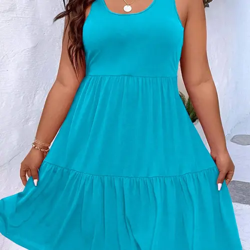 Plus Size Solid Ruffle Hem Tank Dress, Casual Fashion Dress, Casual Chic Sleeveless Scoop Neck A-Line Dress for Summer, Sky Blue, Women's Clothing for Daily Wear