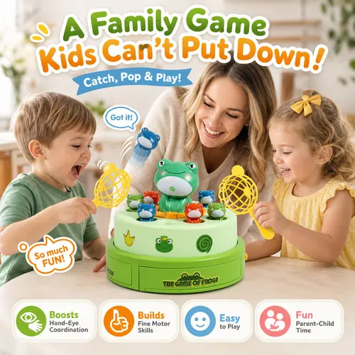 Kids' Animal Frog Bounce & Catch Unisex Kids Toys - Musical Spinning Launcher with 2 Play Modes (Round Spin, Launch Board Game), Stickers, Cool Gifts for Ages 3+ (Birthday, Holiday)