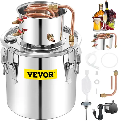 【Summerfinds】VEVOR Water Wine Still Max 13.2Gal/50L, Wine Distiller with Circulating Pump, Wine Still Copper Tube, Whiskey Distilling Kit with Build-In Thermometer, Whiskey Making Kit for DIY , Stainless Steel