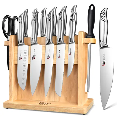 #sohochic SYOKAMI Kitchen Knife Set, 14 Pieces Japanese Style Knife Block Set with Magnetic Holder, High Carbon Stainless Steel Ultra Sharp Knives for kitchen with Ergonomic Handle and Sharpener, Black Dot, Mother's Day Gift