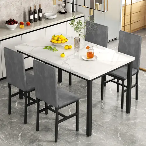 Recaceik Modern 5-Piece Dining Table Set with Faux Marble Top & 4 Comfortable Velvet Chairs for Small Kitchen Space Easy Assembly Gray Home Decor Furniture Interior Design tiktokshopspringglowup