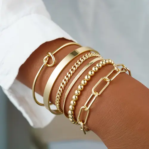VENOCO 6PCS 14k Gold Plated Brass Charm Bangle Cuff Dainty Bracelet Set for Women Stackable Bracelet Non Tarnish Gold Beaded Paperclip Chain Link Bracelets Jewelry Gifts for Women Trendy, Gold Jewelry, Charm Bracelets