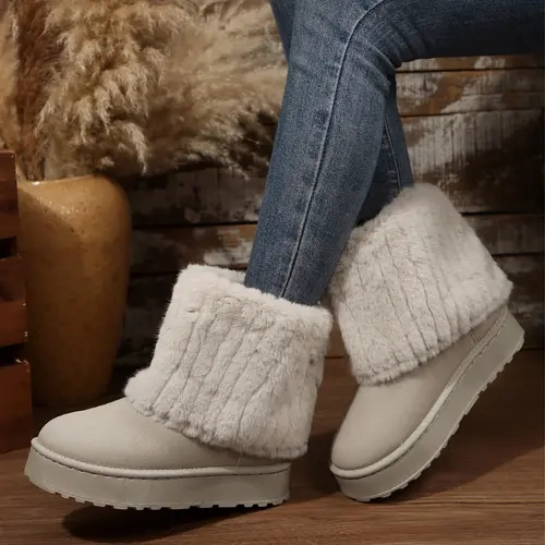 Womens Snow Boots Warm Fluffy Faux Lined Short Booties for Winter with Casual Platform Shoes Design Beige Footwear House Outdoor Indoor