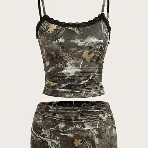 Women's Camo Print Cami Top & Shorts Two-Piece Set, Casual Fashion Cozy Two Piece Outfits for Daily Outdoor Wear, Ladies Clothes for All Seasons