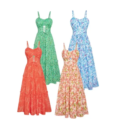 Grace Karin Women's Boho Floral Smocked Tiered Sundress - Spaghetti Strap A-Line Breathable 98% Poly Midi Dress with Pockets, Smocked Back Fit, Hippie Style Boho Clothes for Brunch Outfit Ideas, Vacation
