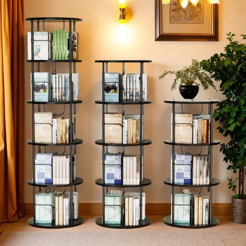 Flycity Rotating 3 Tier to 5 Tier Spinning Bookshelf Tower - 360° Display Unique Round Bookcase for Home Study Office Interior floating shelves Bedroom Flexibility Storage Space Organize bookshelf