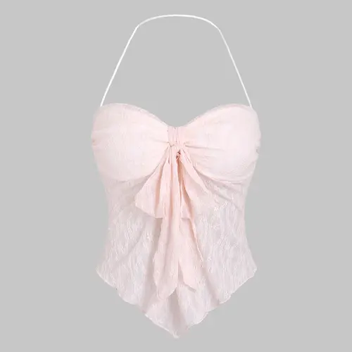 Spring Floral Lace Halter Top Backless Tie Front Bow Top Asymmetrical Crop Top