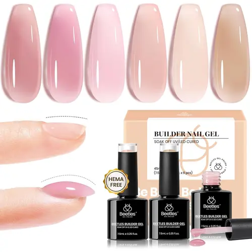Beetles HEMA-Free Builder Gel for Nails - Nude Pink Manicure Gel with Brush for Nail Thickening, Repair, Smoothing & Strengthening, Selfcare Gift for Women #Summervibes
