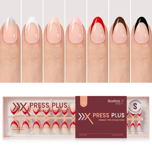 Beetles French Press On Nails Almond, French, Pre-Applied Primer, No Need to File Fake Nails Extensions Pink Pre-Etch&Pre-Applied Primer Glue on Nails Tips Manicure DIY Gift for Girls Women, Nails Press On