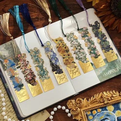 8-Pieces Classic Gold Metal Bookmark Set with Tassel, Van Gogh & Monet Famous Artworks Oil Painting Art, Book Accessories for Books Lovers, Ideal Birthday Gift for Office & School Stationery Users