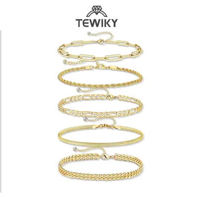 Tewiky 14K Gold Plated Waterproof Bracelets for Women Jewelry Sets Trendy Thin Dainty Stackable Cuban Link Paperclip Chain Bracelet Pack Fashion Accessories Gifts  Maximalist Jewelry