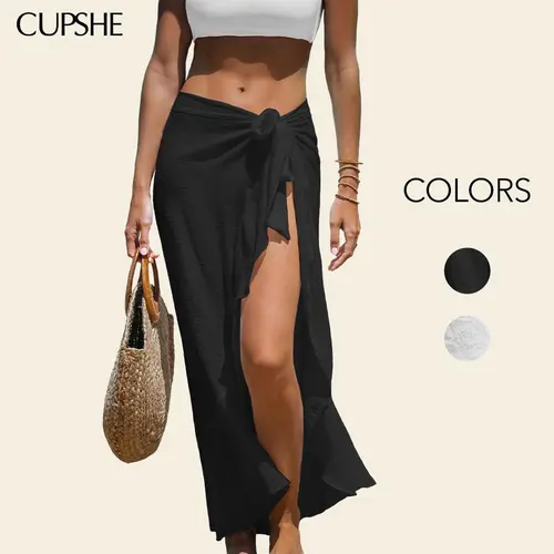 CUPSHE Women's Sheer Ruffled Woven Maxi Swimsuit Coverup - Self-Tie Side, Asymmetrical Hem, High-Rise Frilled, Classic White, Beach Outdoor Wear, Bikini Cover Ups, Cute High-Rise Option #summerfinds