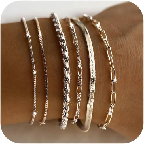 FREEKISS Dainty Bracelets For Women Trendy Jewelry Set For Women Paperclip Box Herringbone Figaro Rope Chain Bracelet Fashion Pack Gifts For Summer dealsforyoudays