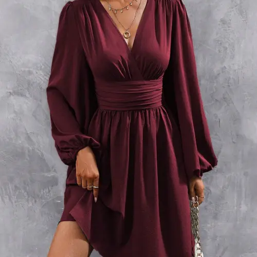 Women's Plain Deep V Neck Fitted Dress, Casual Dress Style Lady Bishop Lantern Long Sleeve Pleated A Line Dress for Spring & Fall, Women's Clothing for Daily Wear, Womenswear
