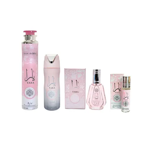 Lattafa Yara Women's Fragrance Multi-Pack Bundle Set - Floral Scents Perfume, Liquid Musk EDP (1.7fl.oz, 3-3.9fl.oz Range), 10ml Easy-Apply Roll-On, 300ml Air-Freshener, 200ml Deodorant, Sweet Vanilla, Tropical Fruit Blend, Gifts for Women, Fruity Sweet F
