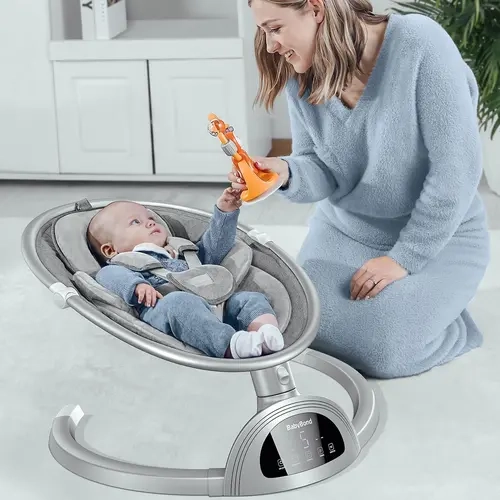 BabyBond Bluetooth Baby Swing for Boys & Girls, Remote Control , 5-Point Harness, 5 Sway Speeds & 10 Lullabies, Portable Swing for Infants, Indoor/Outdoor Use - Grey Baby Rocker for Toddler, Ideal Christmas Gifts for Babies,back to school