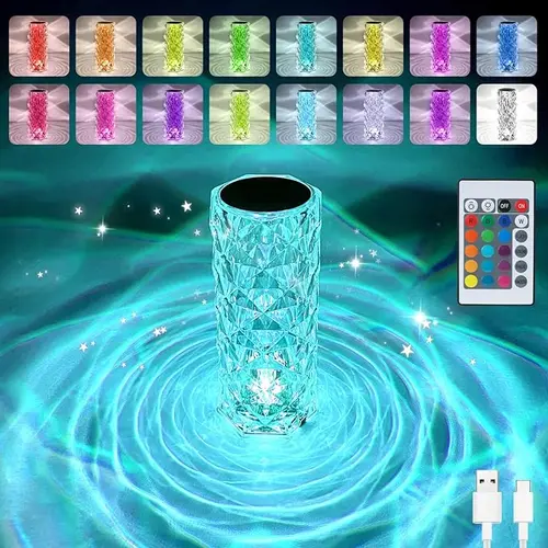 Crystal Table Lamp with Remote & Touch Control, Rose Wave Design, RGB Color Changing LED Night Light, Adjustable LEDs, Dimmable Warm White, USB Rechargeable Room Decor for Living Room, Bedroom