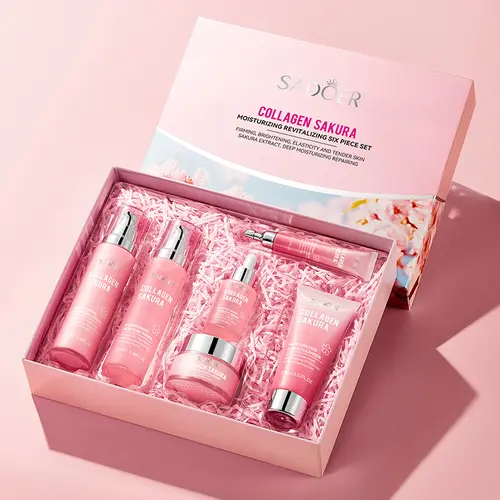 6-Piece Sakura Collagen Skincare Kit - Cleanser, Serum, Lotion, Cream, Sakura Extract, Moisturizer, Hydrating, Soothing, Daily Firming, Brightening, Elastic Skin, Deep Repair, Beauty Products, Self Care Products,Glow Up Support,