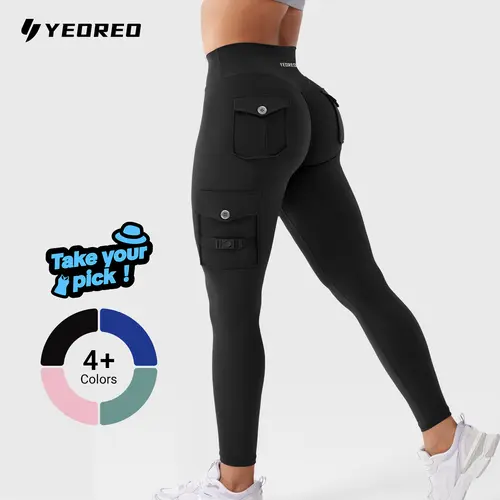 YEOREO CoreFlex Workout Cargo Leggings with Pockets for Women Hidden Scrunch Butt Lifting Leggings Gym Yoga Pants