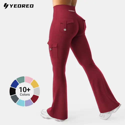 YEOREO CoreFlex Women's Workout Flare Leggings with Pockets Hidden Scrunch High Waisted Cargo Gym Yoga No Front Seam Leggings Flared Joggers Fitness Outfit Camouflage Sports Pants 75% Nylon 25% Spandex summerwins