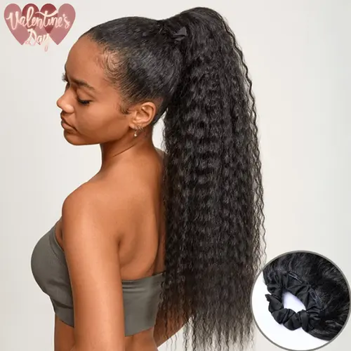 Frodio 100% Human Hair  Natural Black Boho curl Ponytail Hairstyle Extension Ponytail Wig Scrunchie Ponytail #summervibes#SohoChic