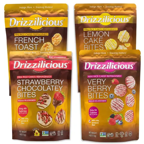 Drizzilicious Mini Rice Cake Bites Variety Pack, Chocolate Strawberry, Birthday Cake, French Toast & Lemon Cake Drizzle, 4 Bags