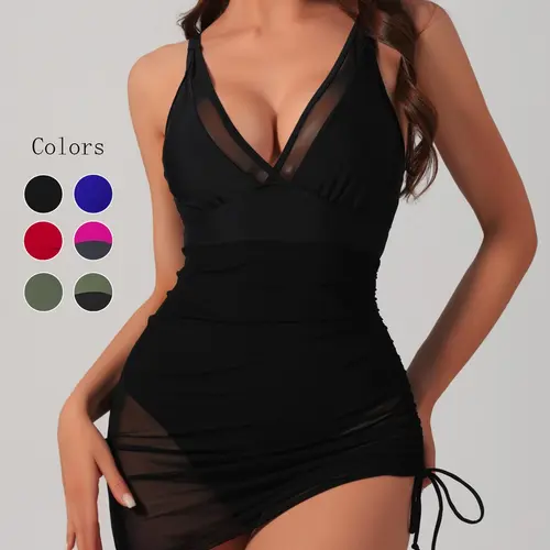 Women's Solid Color Sheer Mesh One-piece Swimsuit, Casual Sleeveless Deep V Neck Tummy Control Swimwear for Beach Holiday Vacation, Ladies Summer Swimsuit, Beachwear