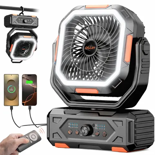 OGERY 2026 Upgraded Camping Fan, 30000mAh Rechargeable Fan with LED Lights & 270° Pivot, Remote Control Shaking Head Desk Fan for Tent Travel Home Multifunction Outdoor Activities
