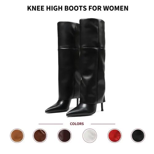 VIMISAOI Women's Knee-High Wide Calf Boots - Pointed Toe Stiletto High Heels, Pull-On Draped Y2K Retro Edgy Minimalist Runway Style, PU Leather All-Seasons Footwear, Comfy Lightweight for Chic Coverage (Fall Events, Dates)