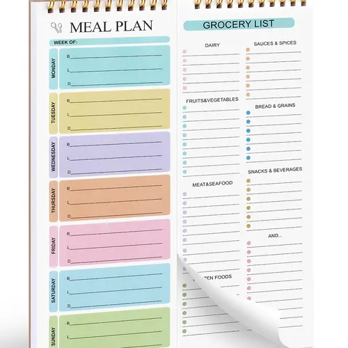Weekly Meal Planner Notebook - 8.5x11 in, 50 Sheets, 80gsm Paper Resists Tearing, Magnetic Fridge Mount, Vertical Layout, Double Spiral, Tear-Off Lines, Grocery List & Menu Organiser, Office Stationery Supplies