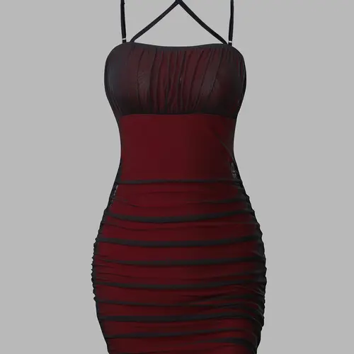 DealsForYouDays Spring Mesh Ruched Spaghetti Strap Criss Cross Backless Mini Bodycon Cami Dress