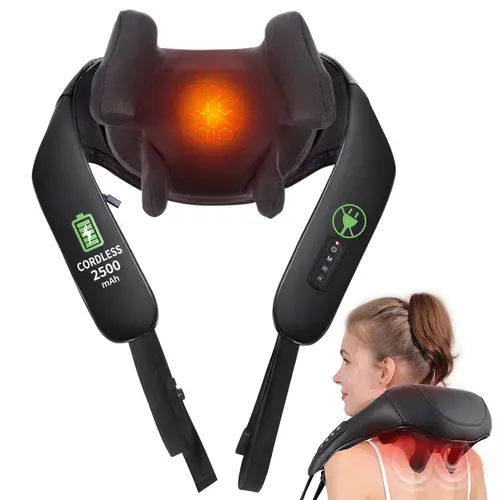 MASGRE Cordless Neck & Shoulder Massager - New Upgraded 2500mAh Electronic Rechargeable Massage Device, Ergonomic Wireless Back Buckle, 6th Gen Shiatsu, Adjustable Vibration Intensity for Trapezius Area Body Relief
