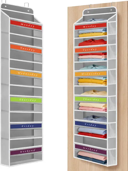 Over The Door  Hanging Bag with 6 side pocket, Weekly Clothing Organizer，Perfect For Everyday Clothing or Diaper,Wet wipes storage，Anti-Tilt Design, 44 lb Capacity for Bedroom, Bathroom, Dormitory Storage,#SummerWins #DealsForYouDays