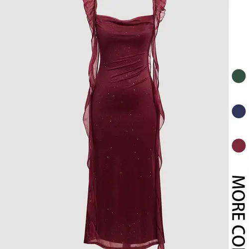 Women's Solid Color Glitter Ruffle Trim Formal Dress, Prom Dress, Elegant Sleeveless Dress for Party Club Dating Wear, Ladies Clothes for All Seasons, Womenswear