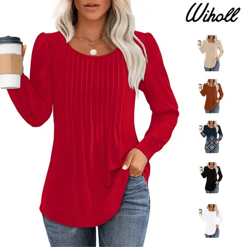 WIHOLL Women's Long-Sleeve Crewneck Pleated Hipscover Tunic Blouse - Spandex-Rayon-Polyester Fabric, Lightweight, Soft Breathable, Dressy Casual Fall Wardrobe Staples Top for Leggings, Layering Outfits, Comfy Fitted Clothes, Shirts