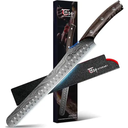 #sohochic SYOKAMI 12-Inch High-Carbon Japanese Style Stainless Steel Multifunction Carving Knife, Wood Handle, Damascus Pattern Full Tang Razor Sharp Brisket Meat Slicing Knife with Gift Box, Valentine's Day Gift, Stainless Steel Knives