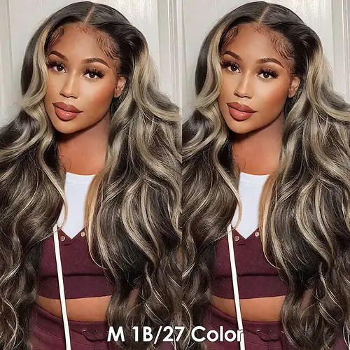 Pizazz Hair 1B/27 Highlight Body Wave Lace Front Wigs 8x5 Glueless HD Transparent Lace Frontal Wigs for Women Honey Blonde Ombre Lace Front Wig Human Hair Body Wave 220% Density