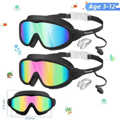 [BackToSchool] Vvinca Kids Swim Goggles for Ages 3-12+ Kids,Youth,UV Protection Anti-Fog Wide View Waterproof Goggles for Boys and Girls - Safety anti-uv swimming goggles swim glass anti-fog  with Earplugs & Nose Clip,for Lake,Beach, Summer Party, Swimmin