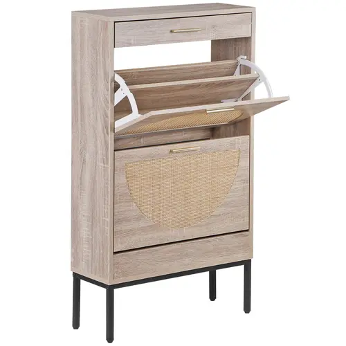 Segawe Wooden Freestanding Shoe Rack Organizer - Natural Traditional Geometric Design, Half-Circle Rattan Mesh Drawers, 2 Flip Drawers, Adjustable Wood-Metal Structure, Smooth Beige Multi-Layer Cabinet, Dual-Shelf Shoe Storage, Entryway Home Organizer