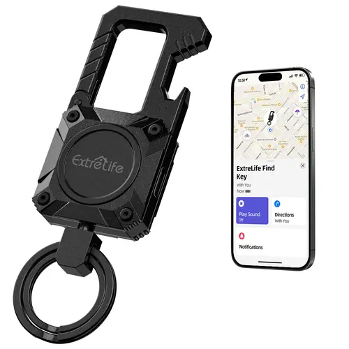 Smart Tracking Tag Keychain - iOS-Only Find My Compatible, Heavy-Duty Carabiner with GPS Bluetooth Tracker, Bottle Opener, Rechargeable Portable Camping Accessories with Loud Speaker, Batteries Included for Car Keys