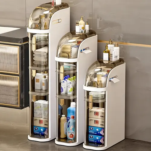 UFORU 4-Layer Ultra-Thin 7.56-Inch Width Drawer Storage Cabinet - Waterproof Narrow Freestanding Floor Unit with Silent Smooth Glide Scratchsafe Rolling Wheels, Built-In Toilet Paper Holder, No Assembly Required, Bathroom Upgrade for Small Spaces, 4Layer