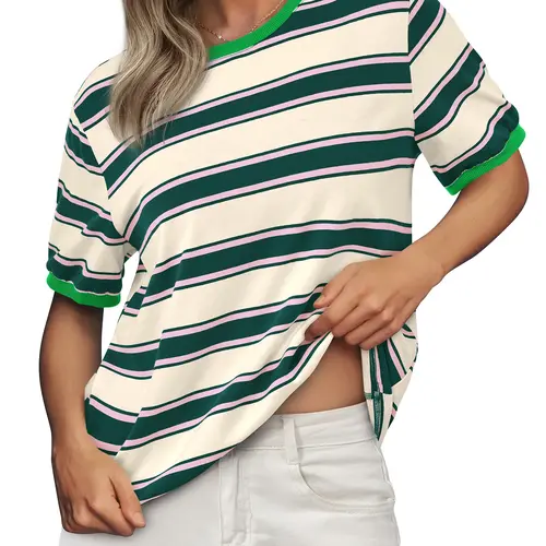 BTFBM Women's Summer Tops 2026 Crewneck Short Sleeve Striped T-Shirts Casual Loose Lightweight Color Block Basic Tee