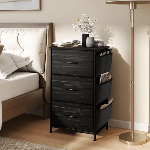 Raybee Furniture Nightstand with 3 Drawers, Night Stand for Bedroom, Bedside Table with Wooden Top, Sturdy Steel Frame End Table, Small Dresser for Bedroom, Living Room